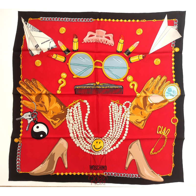 MOSCHINO Foulard Seta Crepe 90x90 Rosso Multi