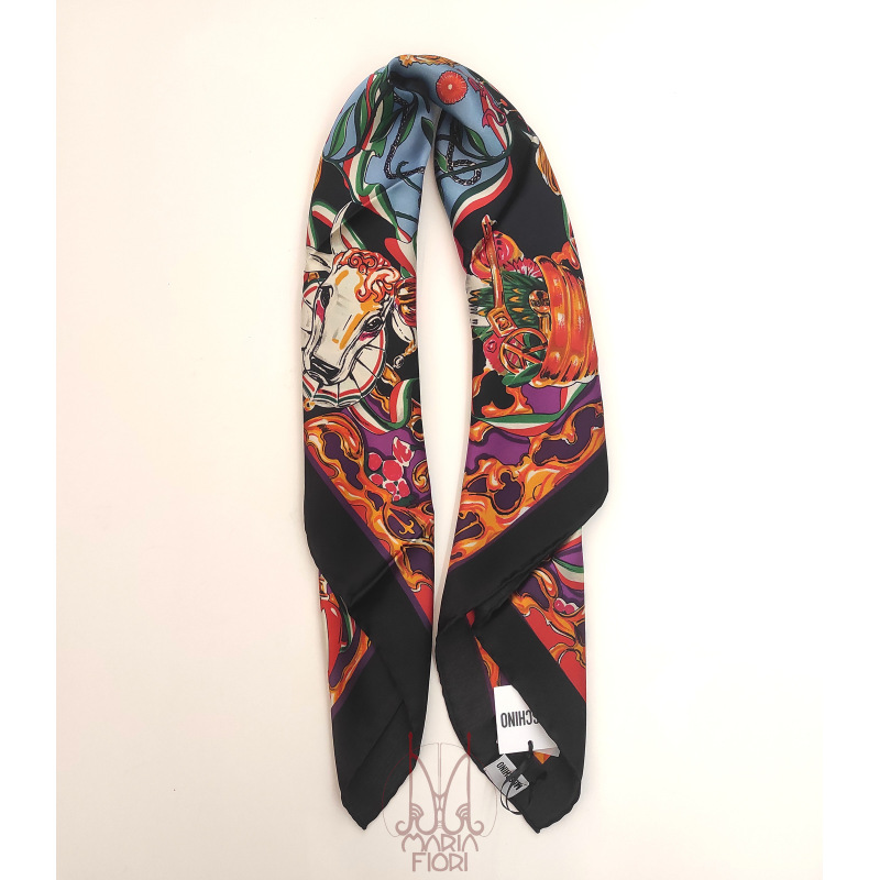 MOSCHINO Foulard Seta Raso 90x90 Nero Multi - immagine 2