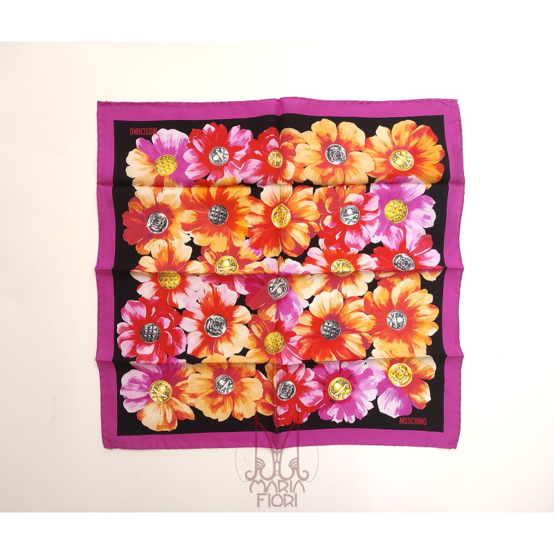 MOSCHINO Foulard Seta Twill 50x50 Nero/Fucsia Multi