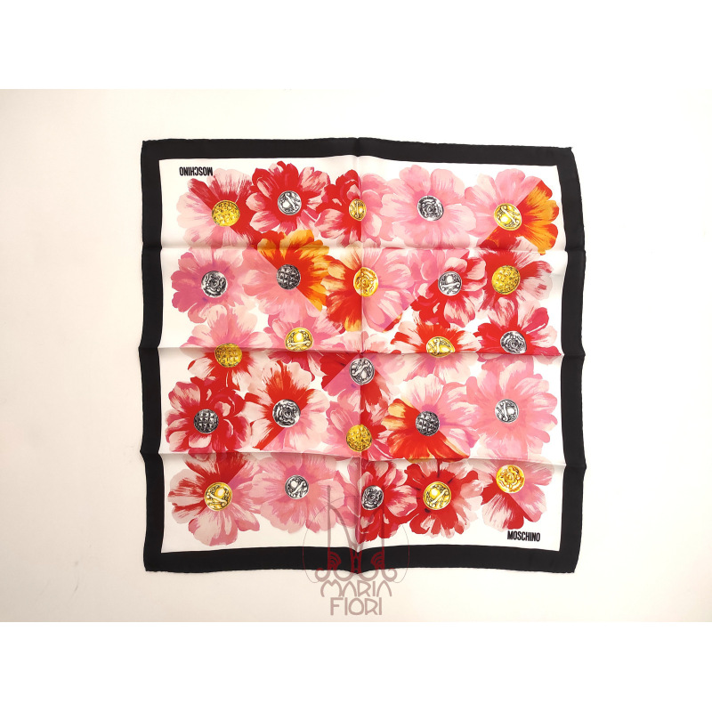 MOSCHINO Foulard Seta Twill 50x50 Bianco/Nero Multi