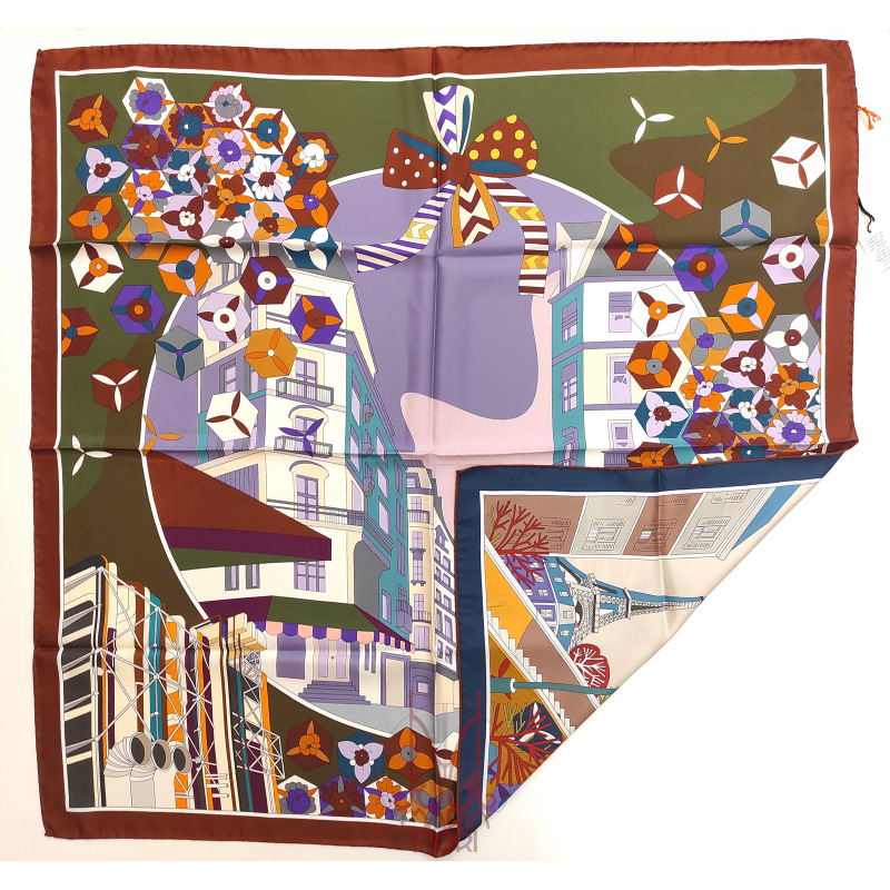Barbieri Foulard Seta Twill Doppia Stampa 90x90 - Marrone/Blu Multi