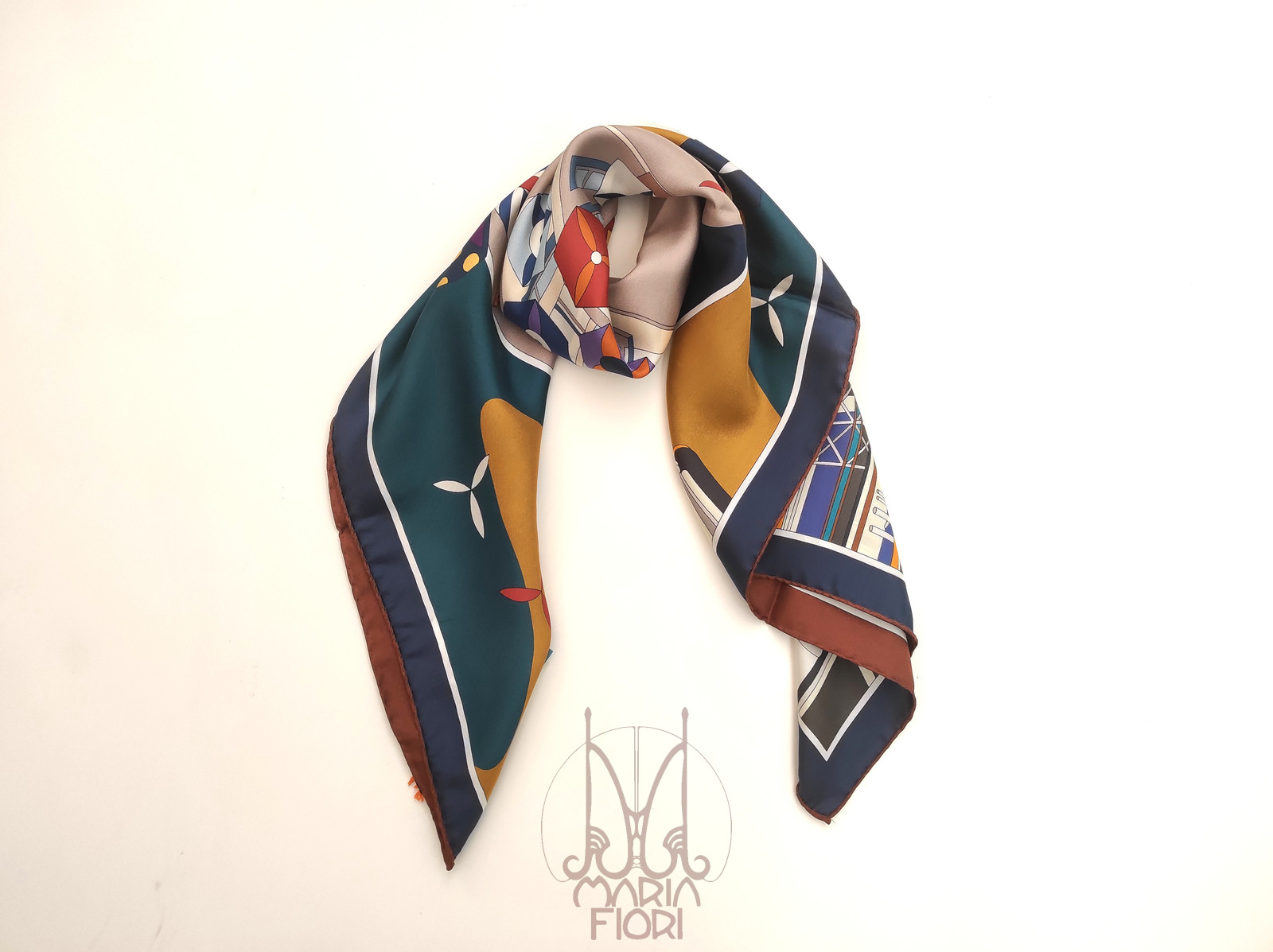 Barbieri Foulard Seta Twill Doppia Stampa 90x90 - Marrone/Blu Multi - immagine 2