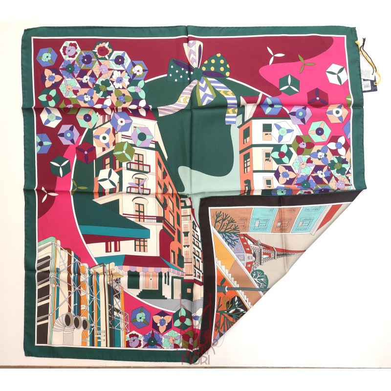 Barbieri Foulard Seta Twill Doppia Stampa 90x90 - Verde/Moro Multi